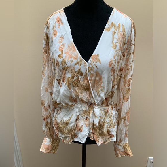 EVER NEW Fitted V-Neck Cross Over Floral Leaf Long Sleeve Blouse Women’s size 10 - Picture 2 of 13
